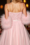 Robe de retour à la maison corset blush scintillant avec des plumes