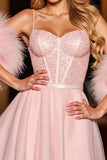 Robe de retour à la maison corset blush scintillant avec des plumes