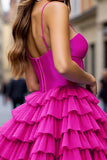 Fuchsia perlé une ligne robe de bal à plusieurs niveaux