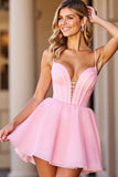 Une ligne corset rose spaghetti bretelles robe de bal
