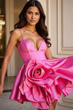 Une ligne fuchsia col en V Mini robe de bal avec fleur 3D
