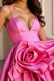 Une ligne fuchsia col en V Mini robe de bal avec fleur 3D