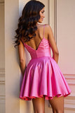 Une ligne fuchsia col en V Mini robe de bal avec fleur 3D