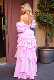 Corset à épaules dénudées Robe de bal rose asymétrique à paillettes