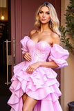 Corset à épaules dénudées Robe de bal rose asymétrique à paillettes