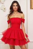 Robe de bal à volants en tulle rouge à épaules dénudées
