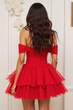 Robe de bal à volants en tulle rouge à épaules dénudées