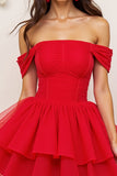 Robe de bal à volants en tulle rouge à épaules dénudées