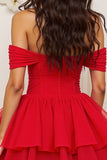 Robe de bal à volants en tulle rouge à épaules dénudées
