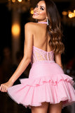 Robe de retour à la maison corset perlé rose dos nu
