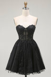 Noir Une ligne Sweetheart Appliqueed Sheer Corset Robe de cocktail