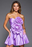 Purple A Line Robe bustier sans bretelles avec fleurs 3D