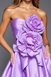 Purple A Line Robe bustier sans bretelles avec fleurs 3D