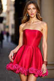 Une ligne robe bustier courte rouge de bal avec des fleurs 3D