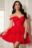 Mini robe de bal rouge à épaules dénudées