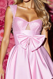 Robe de bal en perles roses scintillante une ligne avec noeud
