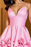 Rose à volants une ligne col en V robe de bal avec fleurs 3D