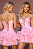 Rose Une ligne froncée robe de bal avec des fleurs 3D