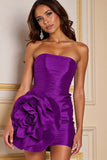 Robe bustier froncée violet foncé avec fleurs 3D