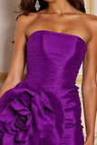 Robe bustier froncée violet foncé avec fleurs 3D