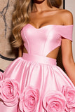 Robe de bal rose découpée à épaules dénudées avec fleurs 3D