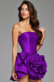 Robe bustier sans bretelles violet foncé à volants avec fleurs 3D