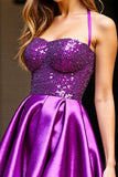 Robe de bal scintillante à rayures violet foncé