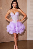 Robe de bal lilas à volants scintillante sans bretelles avec paillettes