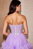 Robe de bal lilas à volants scintillante sans bretelles avec paillettes