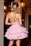 Robe de bal corset sans bretelles rose à plusieurs niveaux