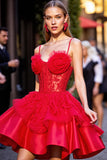 Corset Applique Red Homecoming Dress avec des fleurs 3D