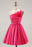 Robe de bal en satin froncé fuchsia avec fleurs 3D