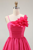 Robe de bal en satin froncé fuchsia avec fleurs 3D