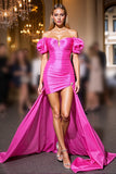 Robe de retour à la maison froncée fuchsia à épaules dénudées