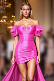 Robe de retour à la maison froncée fuchsia à épaules dénudées