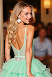 Robe courte de bal en tulle vert scintillant à volants