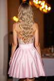 Robe courte de bal en satin corset rose avec noeud