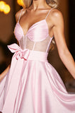 Robe courte de bal en satin corset rose avec noeud