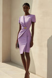 Purple Moulante à manches courtes Robe de travail courte avec ceinture