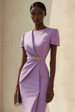 Purple Moulante à manches courtes Robe de travail courte avec ceinture