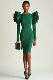 Robe de travail courte moulante à manches longues vert foncé avec volants