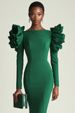 Robe de travail courte moulante à manches longues vert foncé avec volants