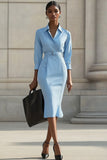 Robe de travail midi moulante bleu ciel avec ceintures
