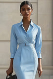 Robe de travail midi moulante bleu ciel avec ceintures