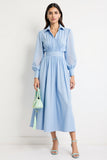 Robe de travail bleue à col polo froncé avec manches longues