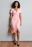 Robe de travail fourreau rose froncé à col en V