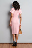 Robe de travail fourreau rose froncé à col en V