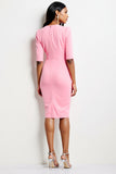 Robe de travail fourreau froncée rose à col en V avec demi-manches