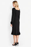 Robe de travail noire à manches longues à col carré avec volants