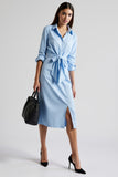 Robe de travail midi bleue à manches longues avec fente